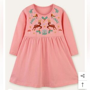 Pink Holiday Dress w Embroidered Reindeer Holly Birds Flowers Mushrooms Sz 3